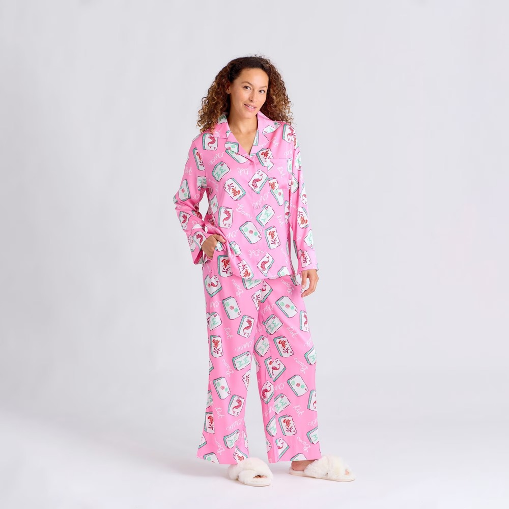 Nick & Nora Pink Mahjong Satin Pajama Set Womens Medium New